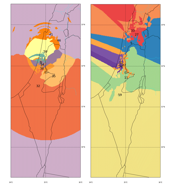 Comparing the long-lat space results (on the right) to the major-cities-distance space results (on the left)
